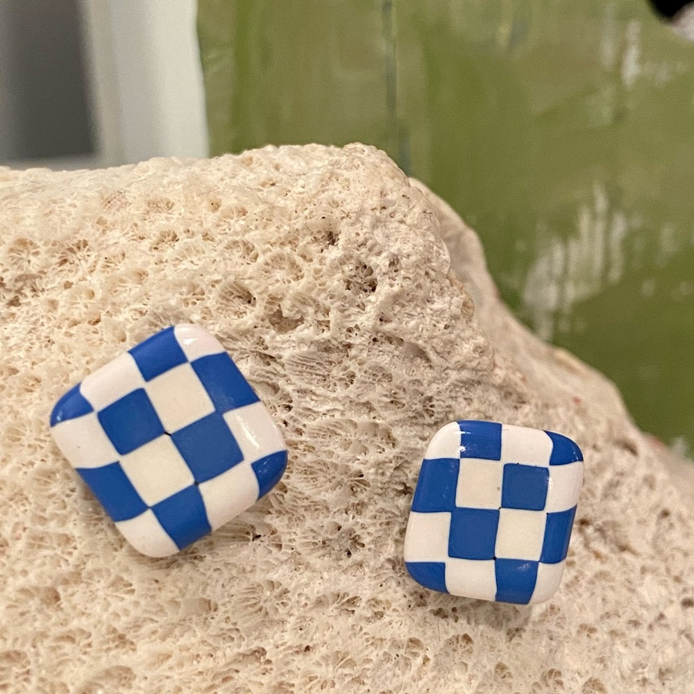 Blue and White Checkered Earrings